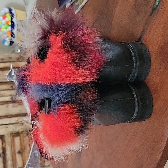 Rebecca Minkoff Jaylin Fox Fur-Trim Leather Lug Sole Combat Boot, Black 8 M - Picture 4 of 11